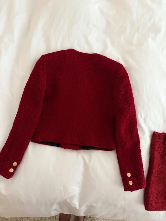 Zara Red Textured Tweed Matching Set / Jacket + Mini Skirt (never worn) - Picture 3 of 9